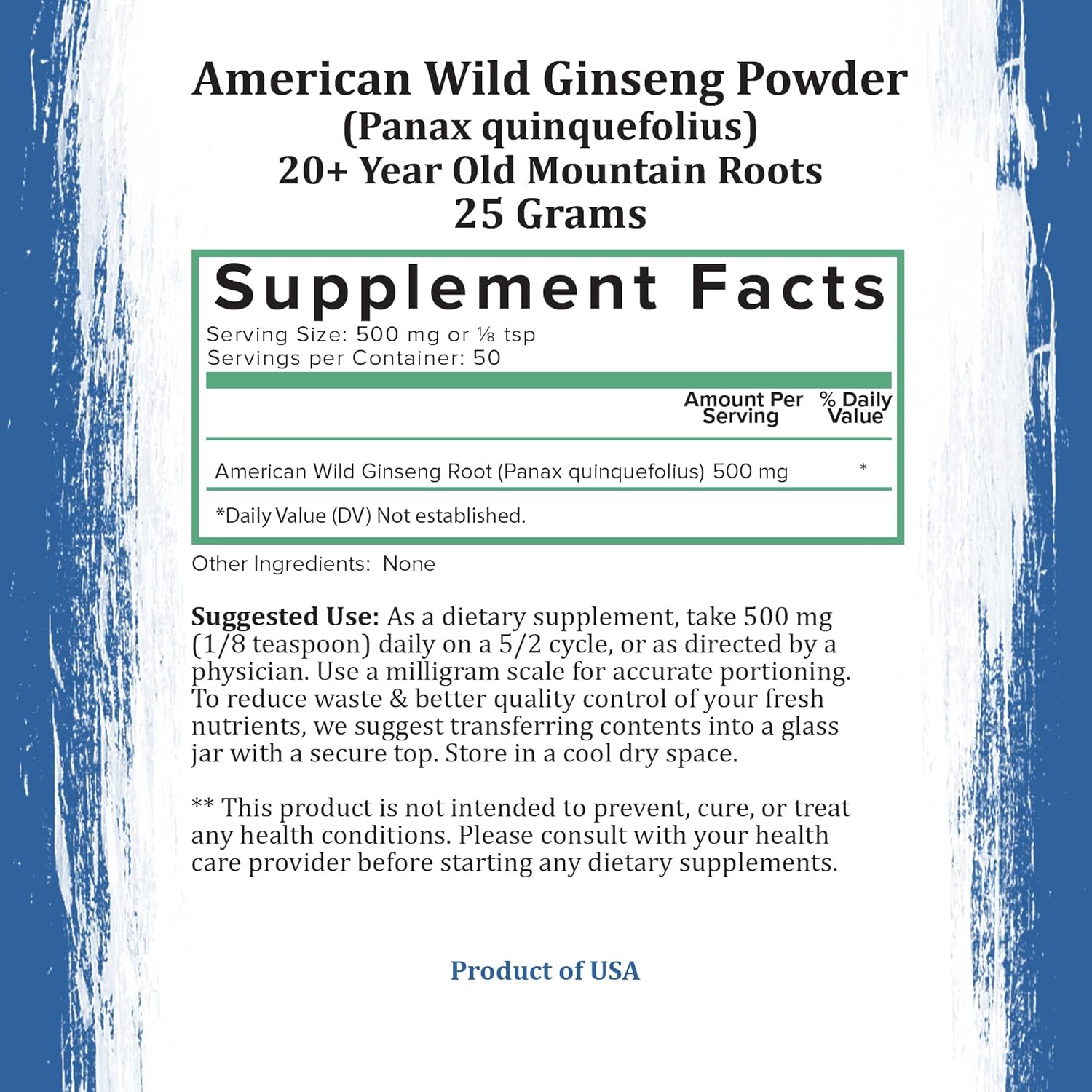 Pure Organic Wild American Ginseng Powder Supplement - 20+ Year Old Roots from Appalachia - No Fillers (25g)