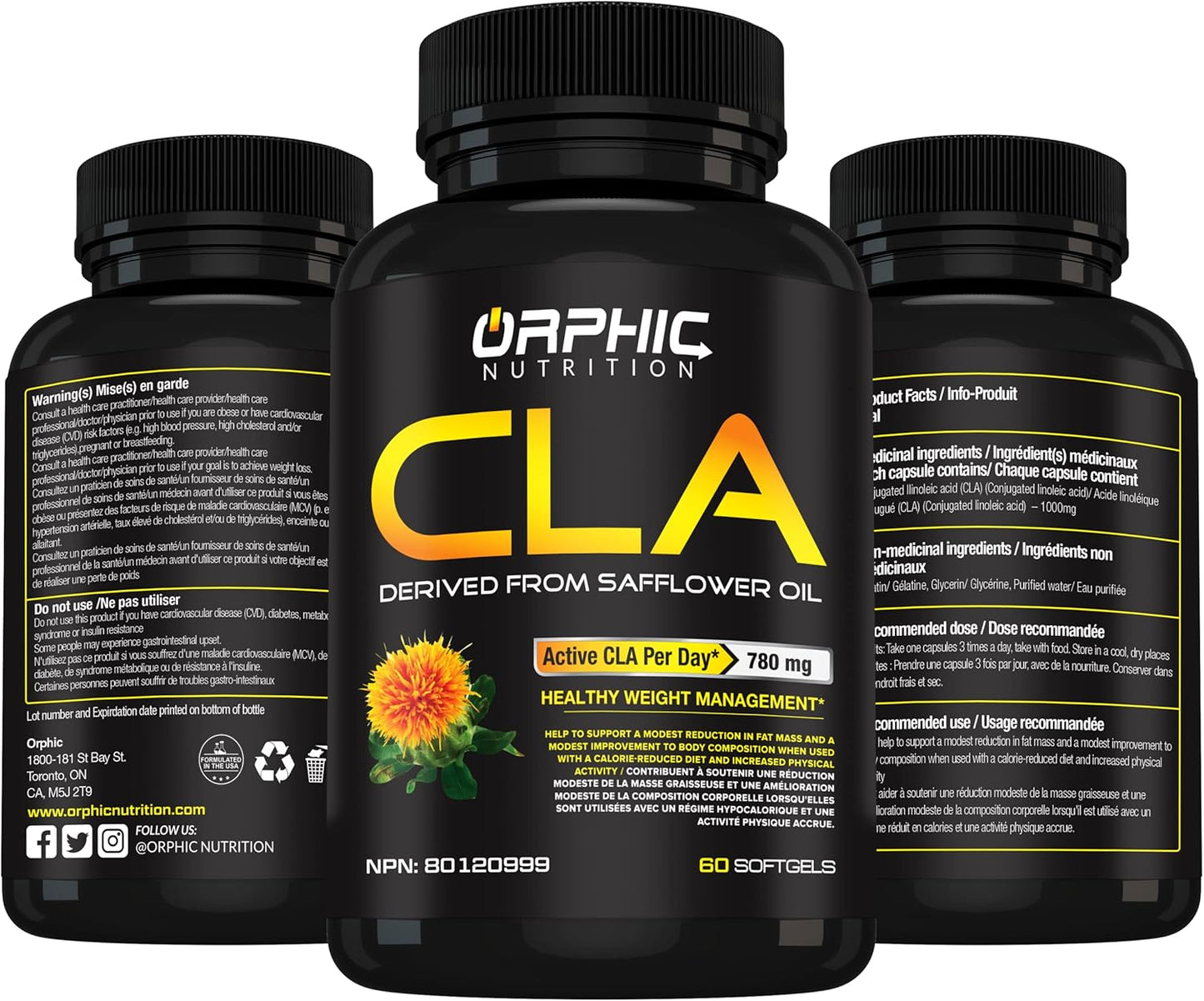 Pure ORPHIC NUTRITION CLA Safflower Oil Supplement - 780mg Non-Stimulant Conjugated Linoleic Acid Softgels for Weight Loss Support - Men & Women - Metabolism Boost - 60 Count