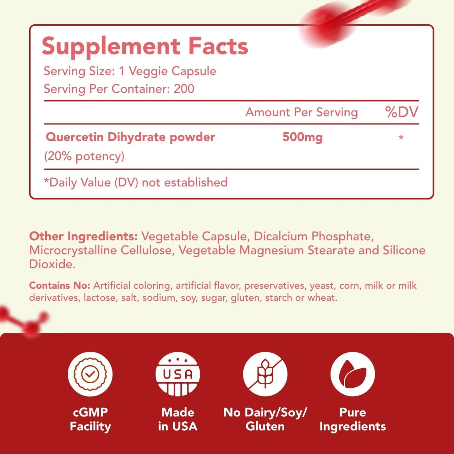 Pure Quercetin 500mg Supplement - 200 Capsules - Cardiovascular Health Support