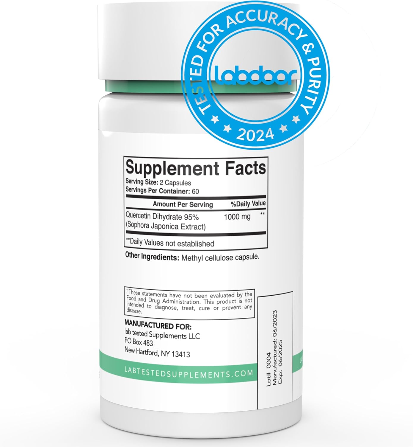 Pure Quercetin Capsules - 500mg, Lab Tested, No Fillers, 120 Count - 3rd Party COA Included