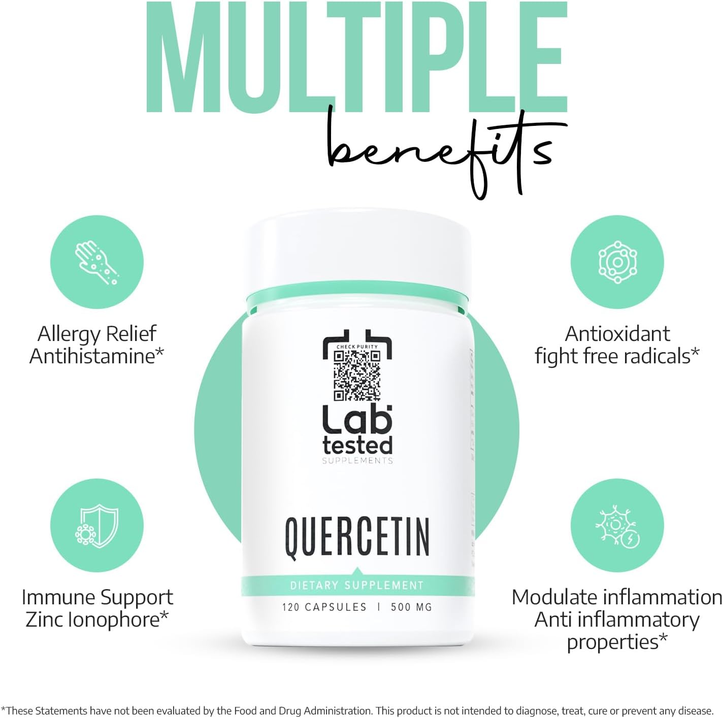 Pure Quercetin Capsules - 500mg, Lab Tested, No Fillers, 120 Count - 3rd Party COA Included