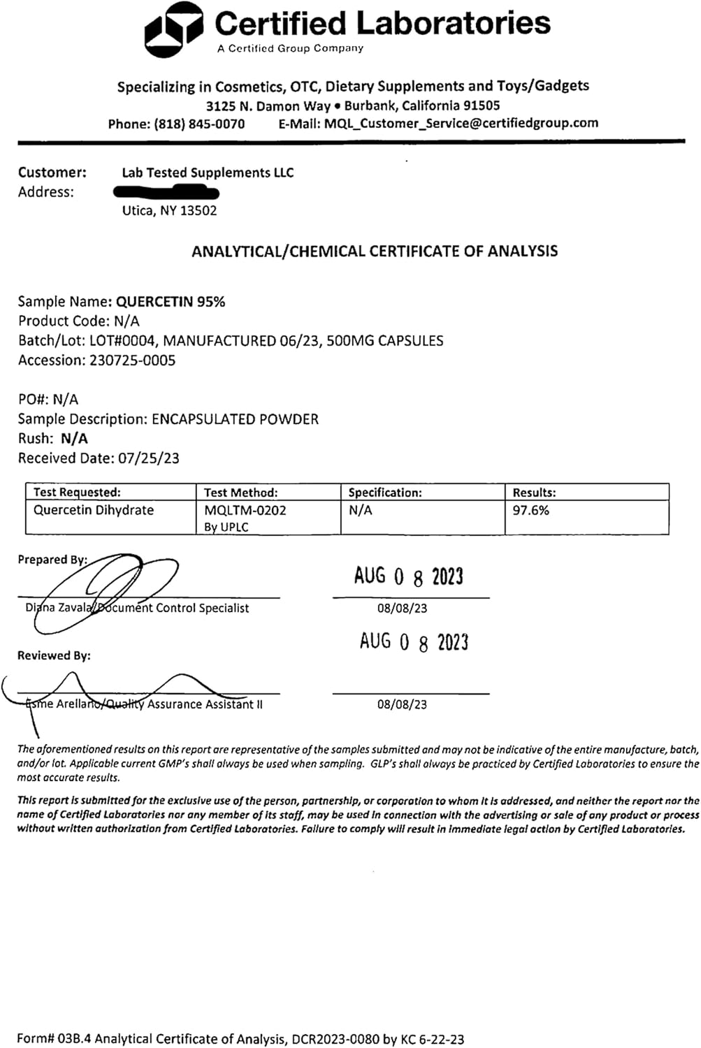 Pure Quercetin Capsules - 500mg, Lab Tested, No Fillers, 120 Count - 3rd Party COA Included