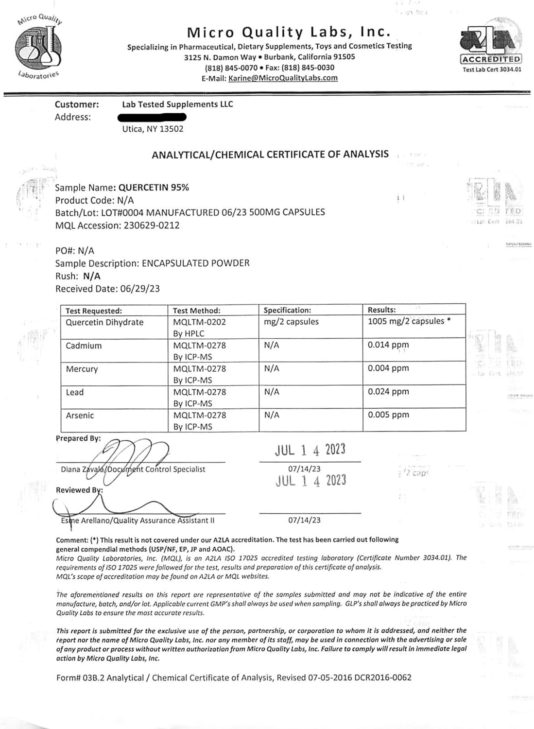 Pure Quercetin Capsules - 500mg, Lab Tested, No Fillers, 120 Count - 3rd Party COA Included