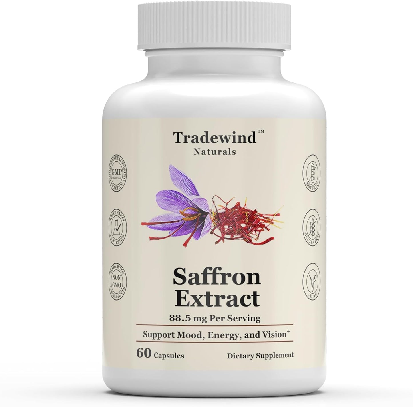 Pure Saffron Extract 88.5mg Capsules - Vegan & Non-GMO - Mood, Energy, Vision Support - 60 Veg Caps