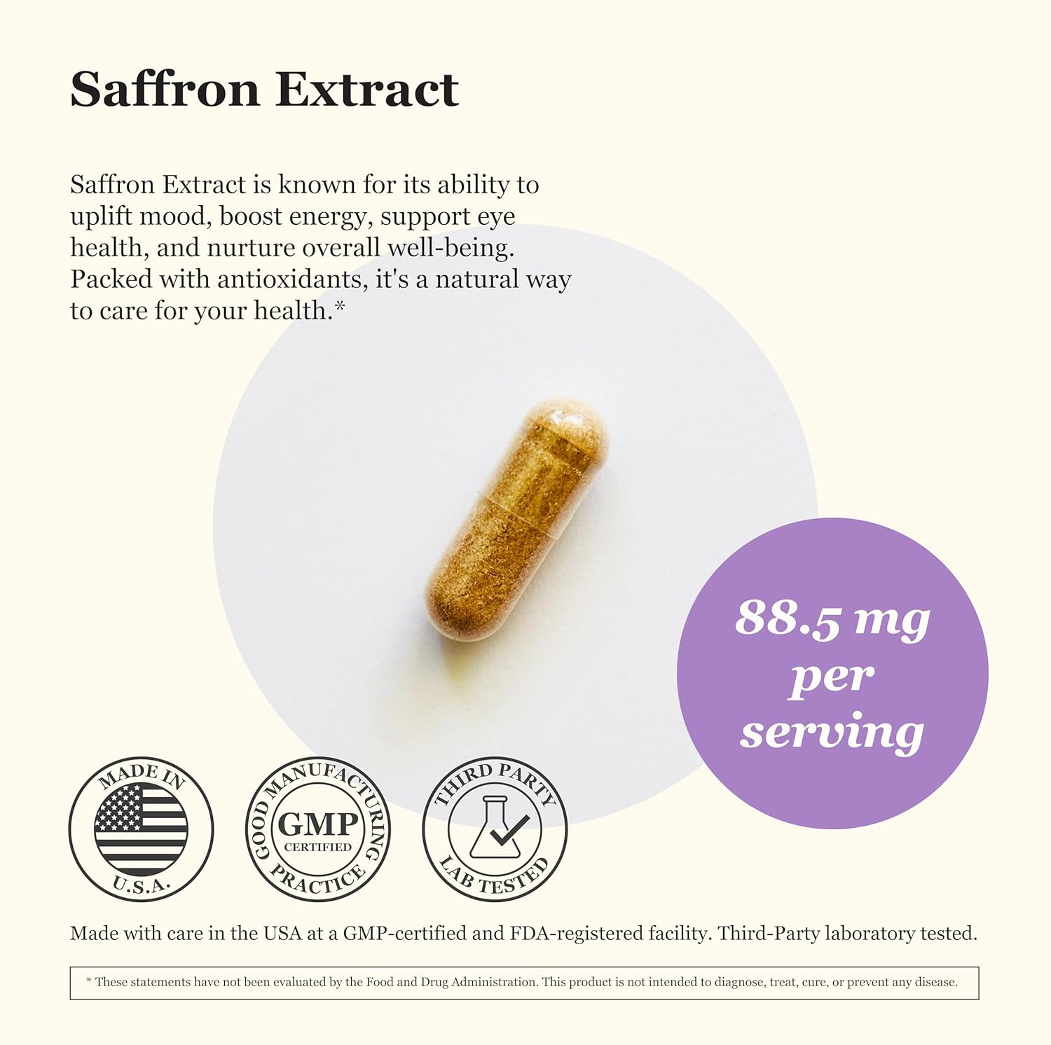 Pure Saffron Extract 88.5mg Capsules - Vegan & Non-GMO - Mood, Energy, Vision Support - 60 Veg Caps