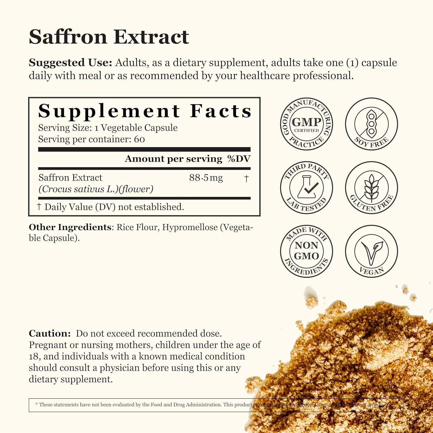Pure Saffron Extract 88.5mg Capsules - Vegan & Non-GMO - Mood, Energy, Vision Support - 60 Veg Caps