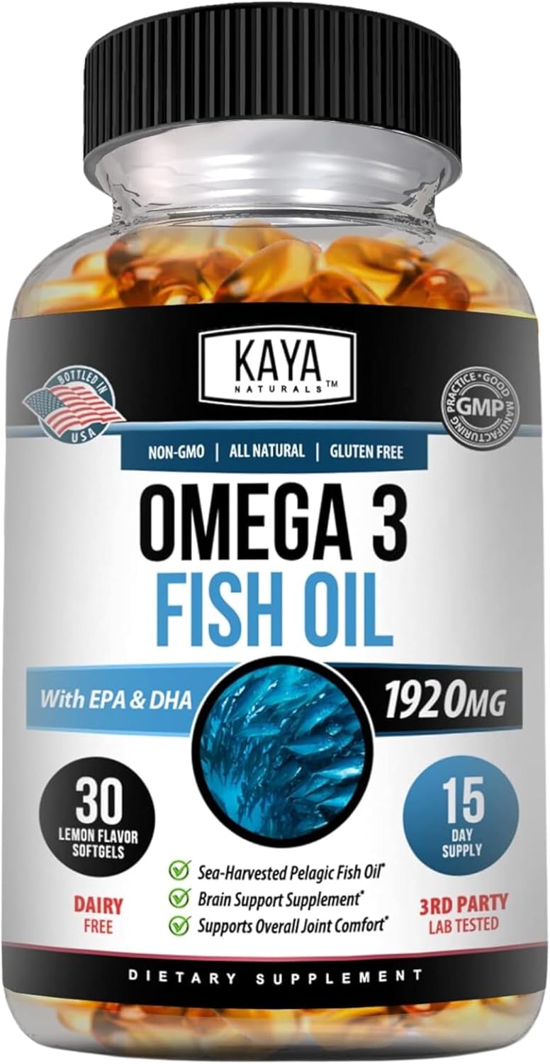 Pure Sea-Harvested Omega 3 Fish Oil Softgels - 30 Count | No Fishy Aftertaste - Kaya Naturals Omega 3 Supplement | Nature Made Omega 3 Vitamins