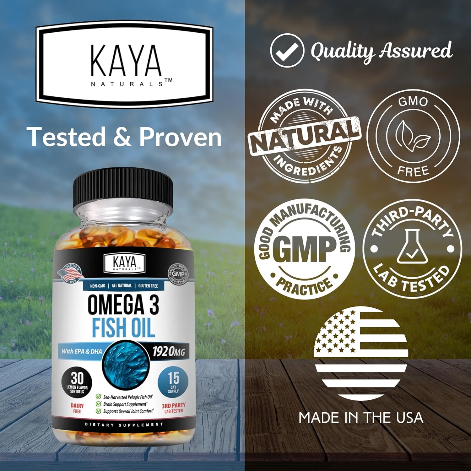 Pure Sea-Harvested Omega 3 Fish Oil Softgels - 30 Count | No Fishy Aftertaste - Kaya Naturals Omega 3 Supplement | Nature Made Omega 3 Vitamins