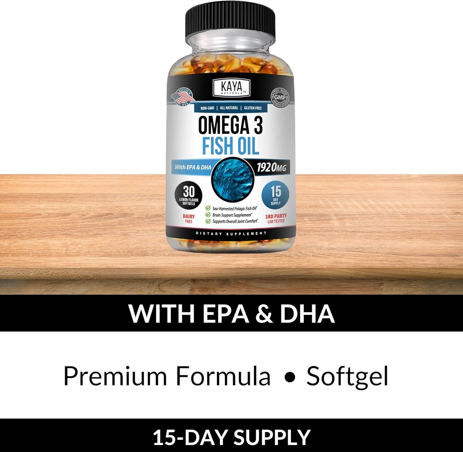 Pure Sea-Harvested Omega 3 Fish Oil Softgels - 30 Count | No Fishy Aftertaste - Kaya Naturals Omega 3 Supplement | Nature Made Omega 3 Vitamins