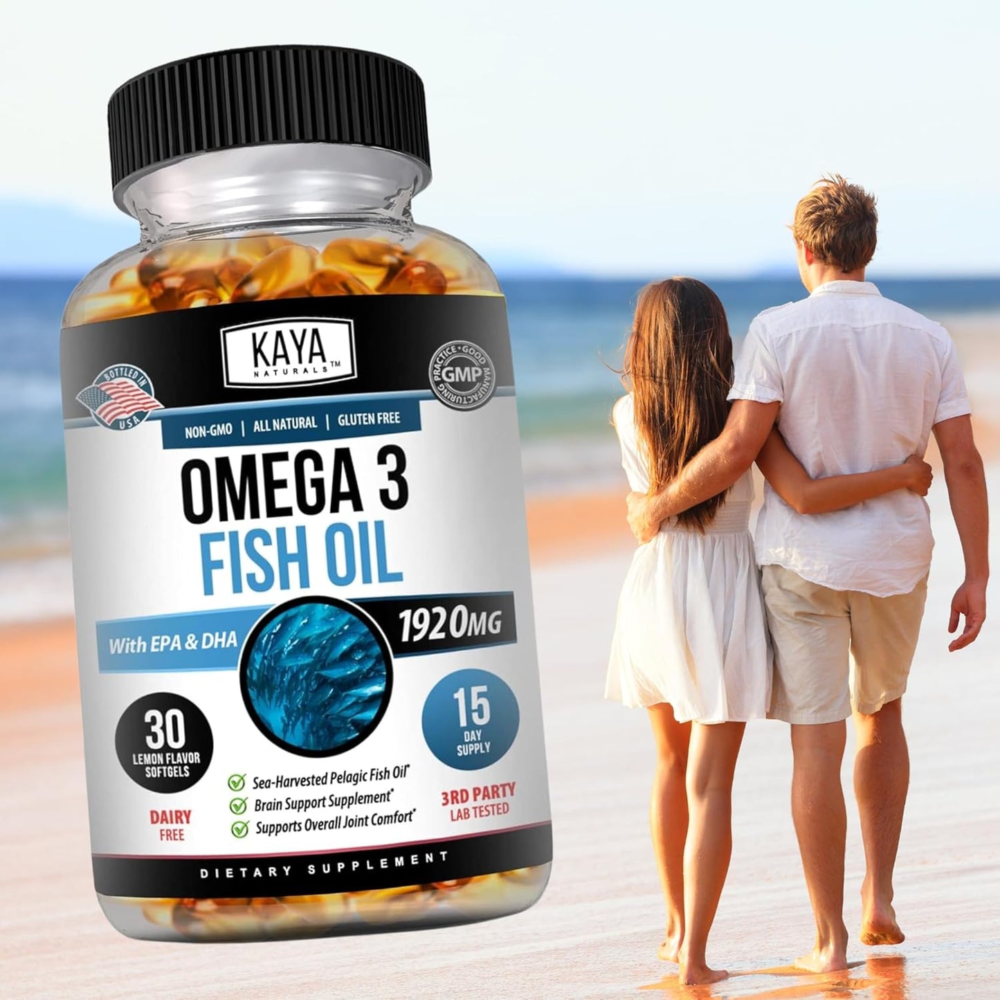 Pure Sea-Harvested Omega 3 Fish Oil Softgels - 30 Count | No Fishy Aftertaste - Kaya Naturals Omega 3 Supplement | Nature Made Omega 3 Vitamins