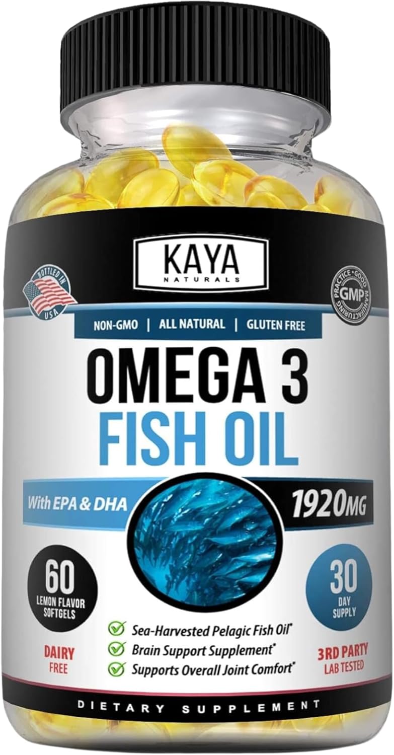 Pure Sea-Harvested Omega 3 Fish Oil Supplement - Kaya Naturals - No Fishy Aftertaste - 60 Softgels