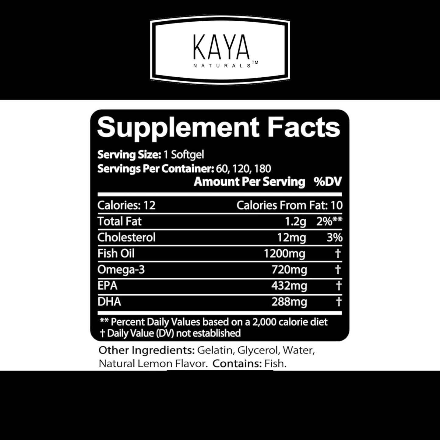 Pure Sea-Harvested Omega 3 Fish Oil Supplement - Kaya Naturals - No Fishy Aftertaste - 60 Softgels