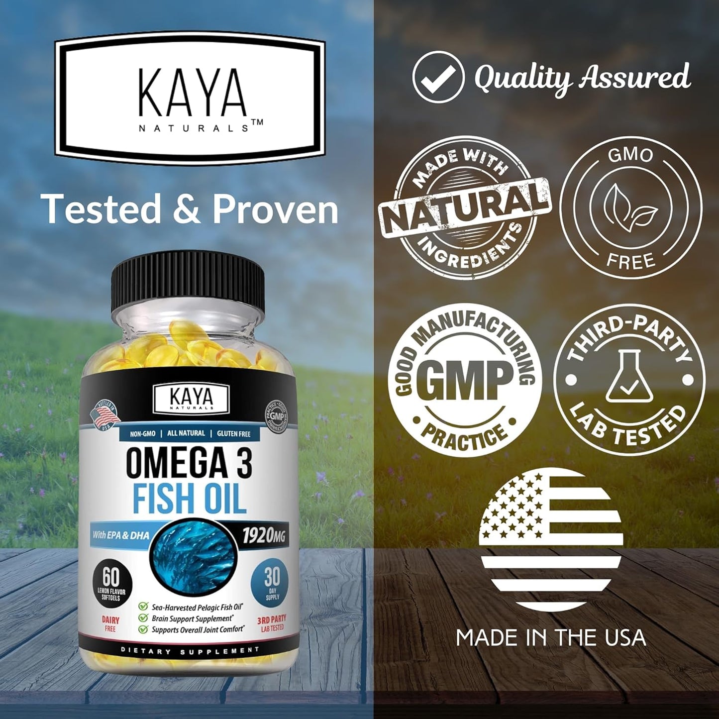 Pure Sea-Harvested Omega 3 Fish Oil Supplement - Kaya Naturals - No Fishy Aftertaste - 60 Softgels