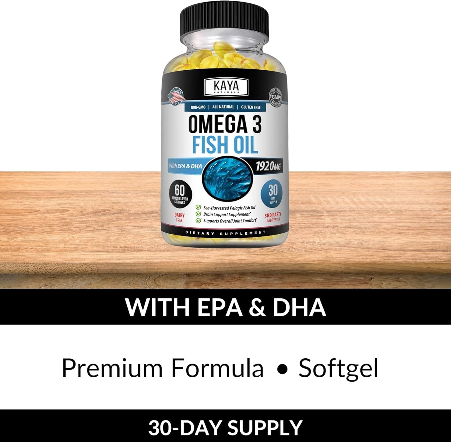 Pure Sea-Harvested Omega 3 Fish Oil Supplement - Kaya Naturals - No Fishy Aftertaste - 60 Softgels