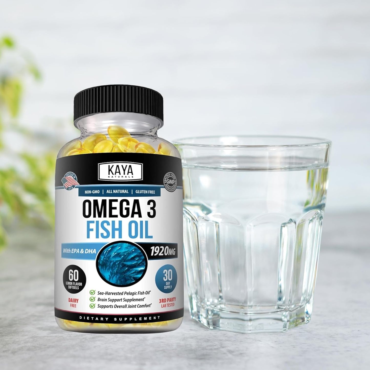 Pure Sea-Harvested Omega 3 Fish Oil Supplement - Kaya Naturals - No Fishy Aftertaste - 60 Softgels
