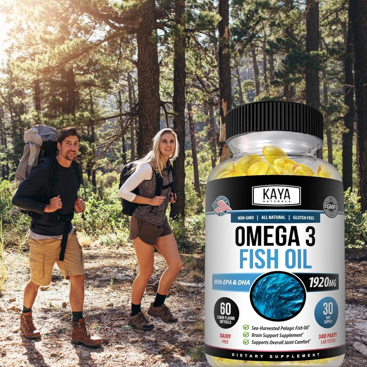 Pure Sea-Harvested Omega 3 Fish Oil Supplement - Kaya Naturals - No Fishy Aftertaste - 60 Softgels
