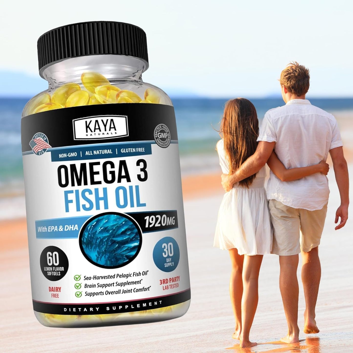 Pure Sea-Harvested Omega 3 Fish Oil Supplement - Kaya Naturals - No Fishy Aftertaste - 60 Softgels