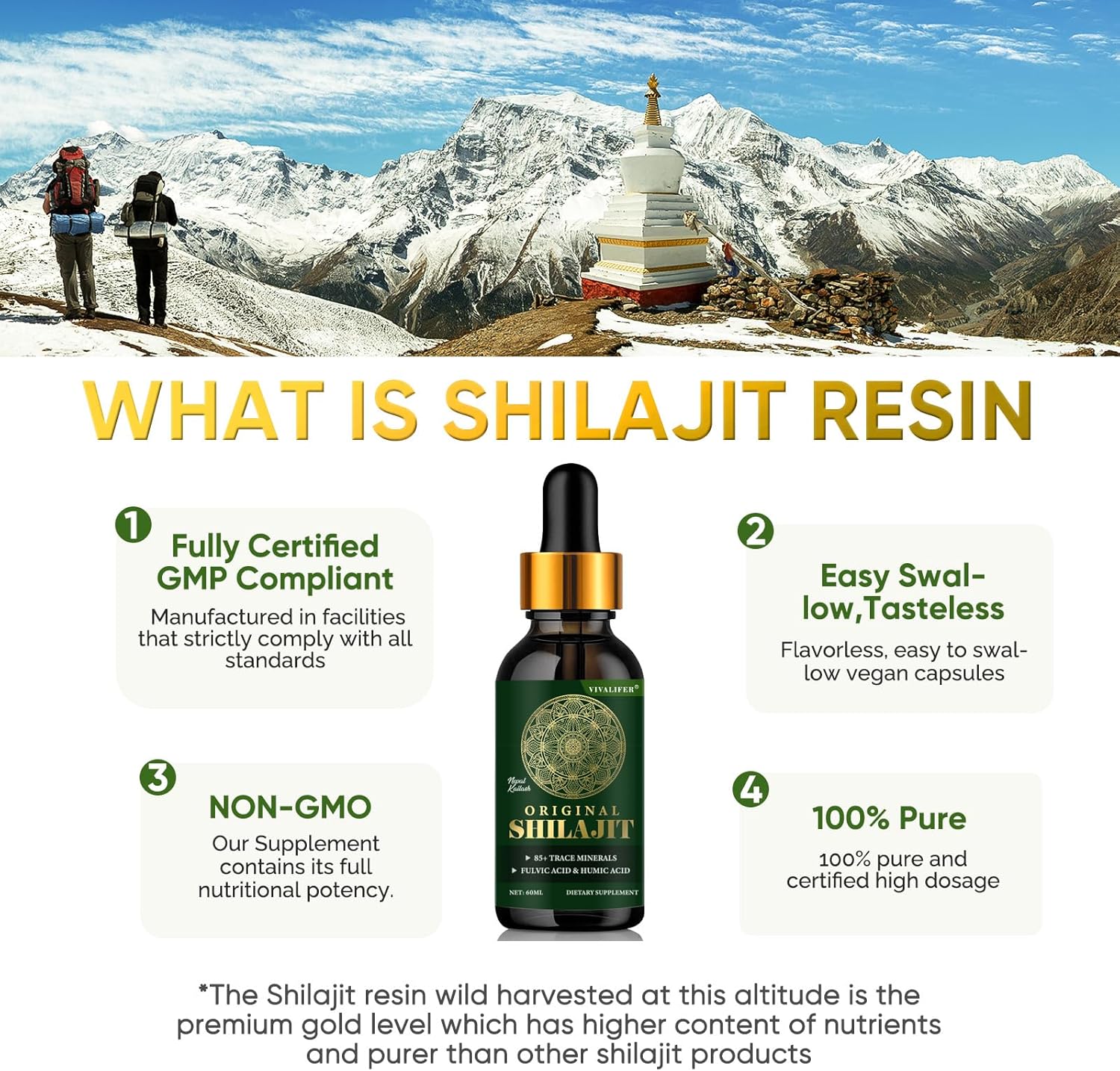 Pure Shilajit Resin Liquid Drops with 85+ Trace Minerals - Boost Brain Function, Energy, and Immune System - 2oz Bottle (60 Days)