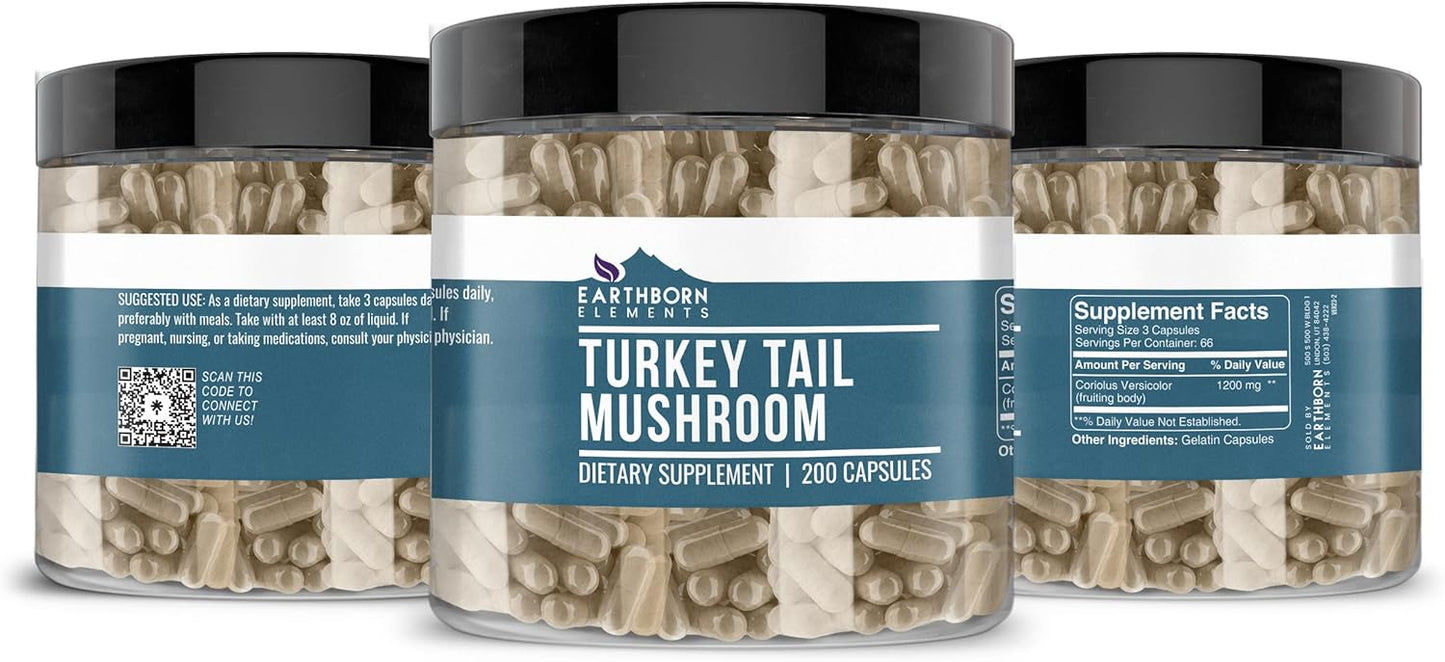 Pure Turkey Tail Mushroom Capsules - 200 Count, Undiluted & Additive-Free by Earthborn Elements