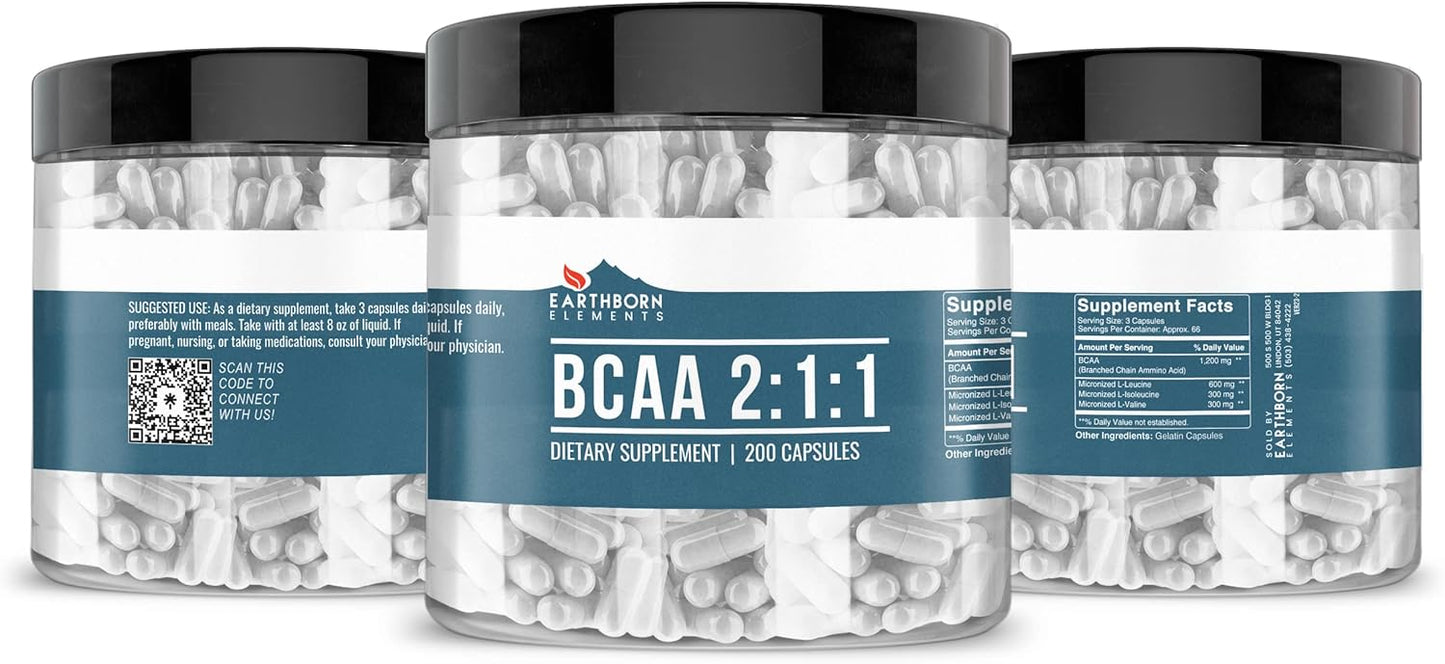 Pure & Undiluted Earthborn Elements BCAA Capsules - 200 Count, Additive-Free