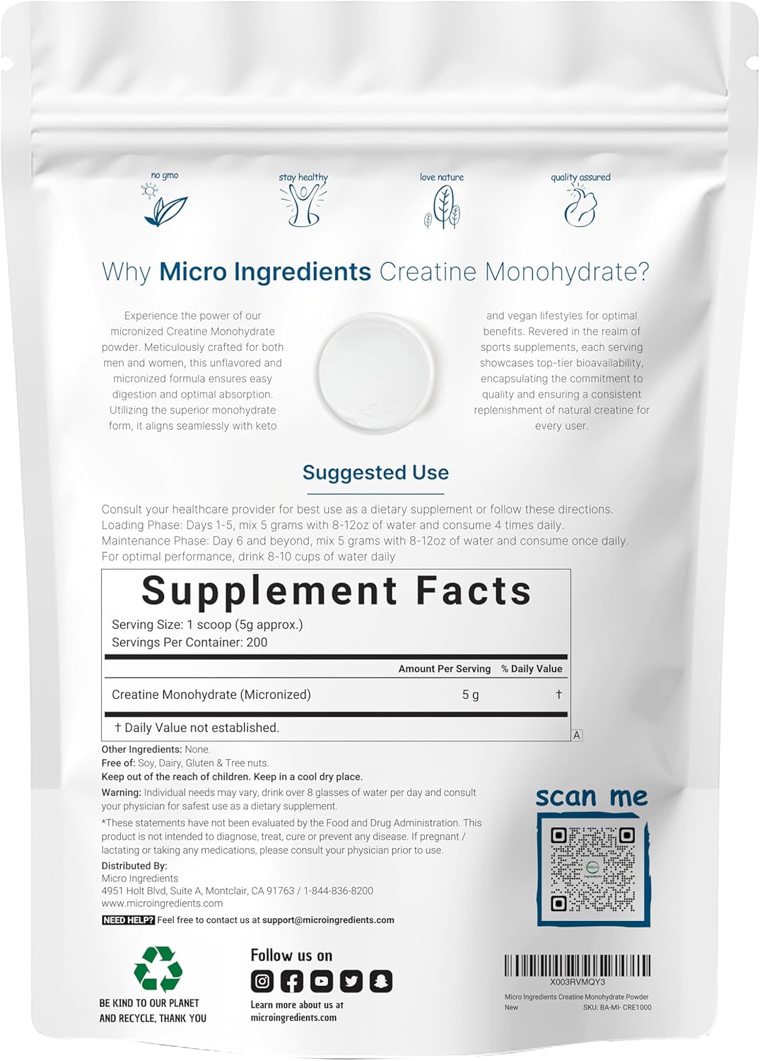 Pure Unflavored Micronized Creatine Monohydrate Powder - 1 kg (2.2 Lbs) - 5000mg Per Serv - No Filler - Keto & Vegan Friendly - Easy Dissolve Pre Workout