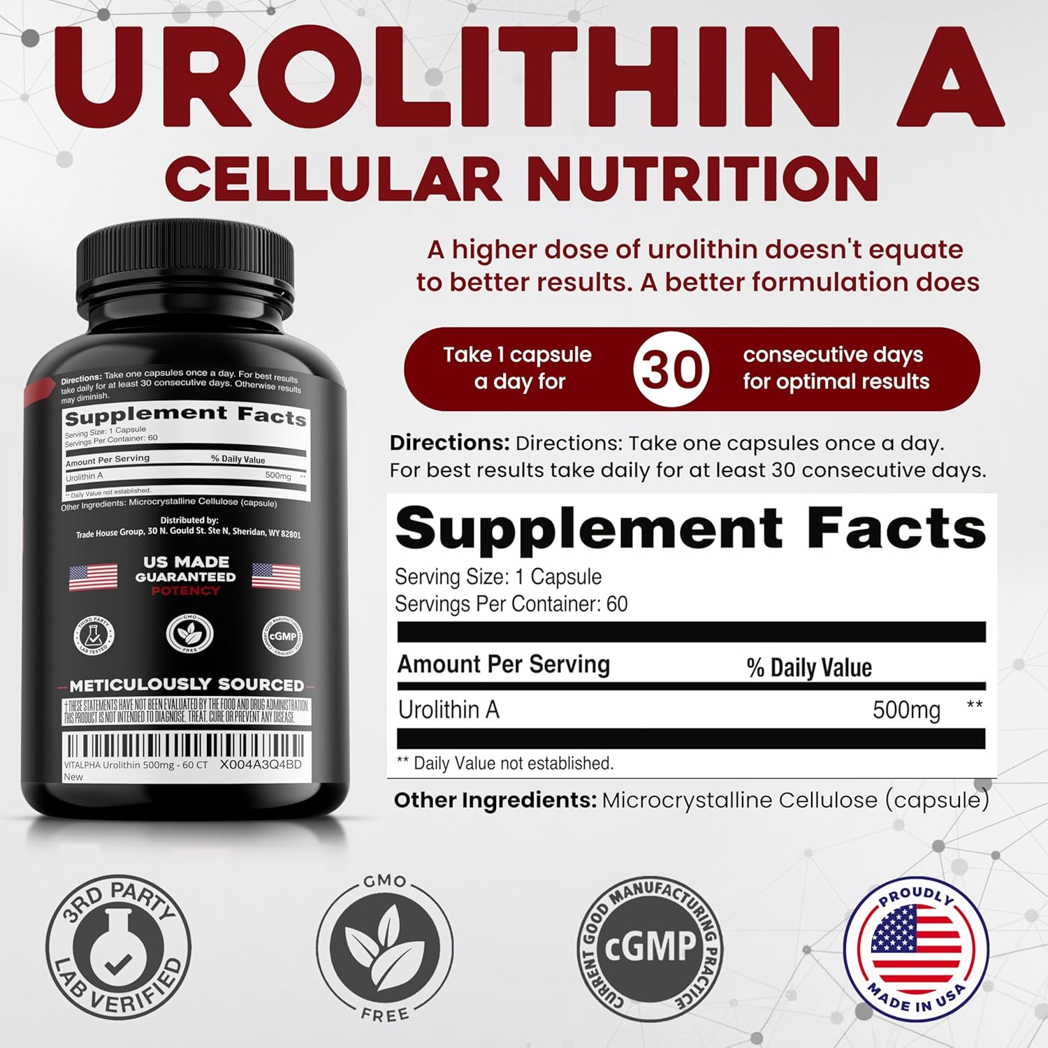 Pure Urolithin A Supplement for Anti-Aging & Energy Boost - Enhanced Mitochondrial Health Support - 60 Capsules for Men & Women