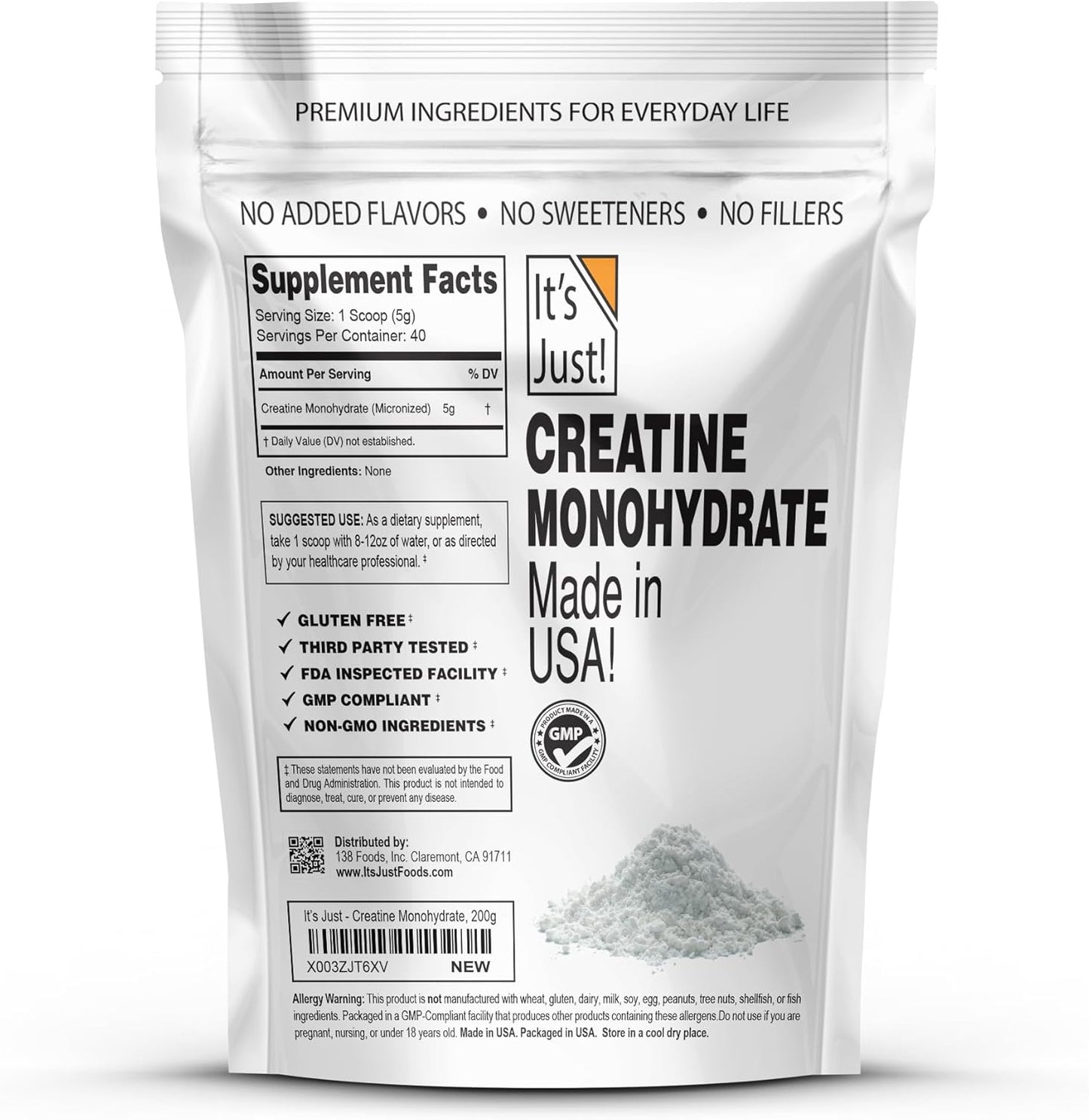 Pure USA Made Creatine Monohydrate Powder - Unflavored, 200g, 40 Servings with 5g Per Serving, 3rd Party Lab Tested, No Fillers