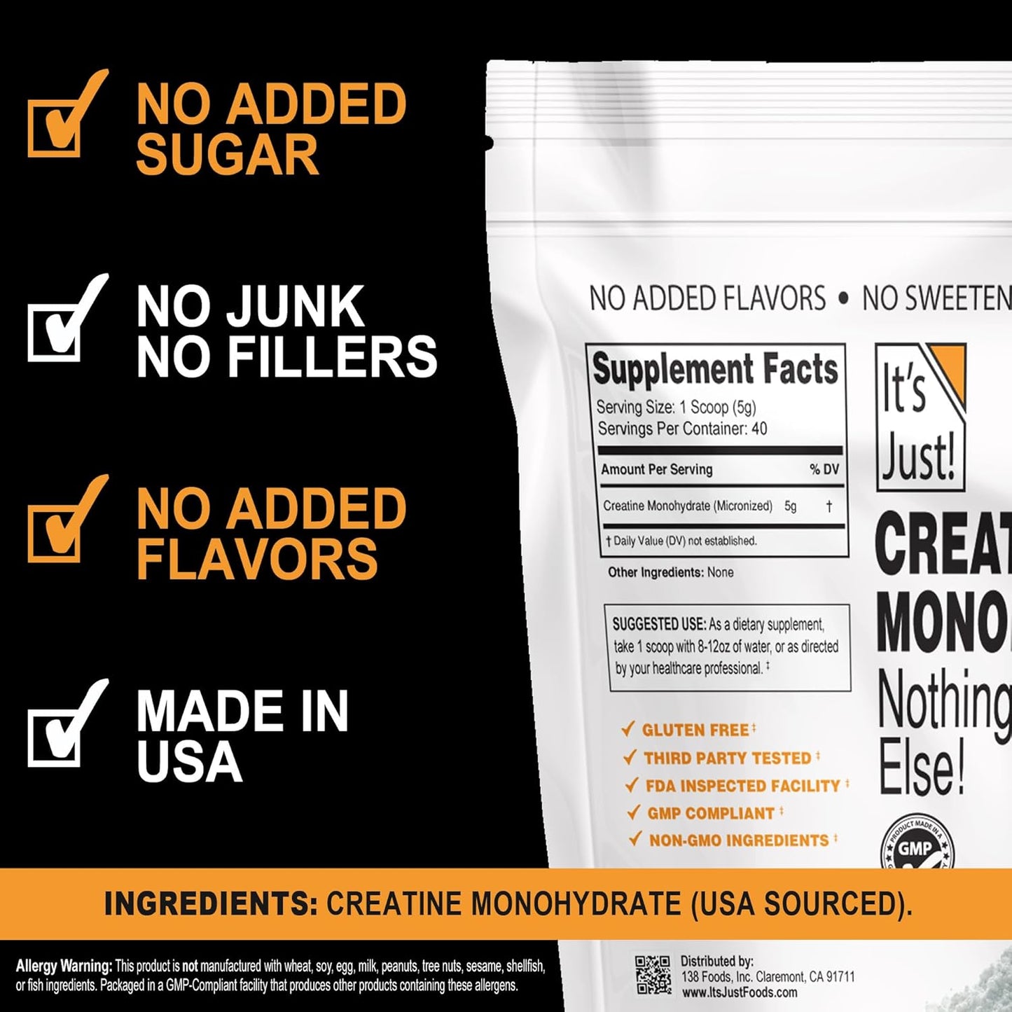Pure USA Made Creatine Monohydrate Powder - Unflavored, 200g, 40 Servings with 5g Per Serving, 3rd Party Lab Tested, No Fillers