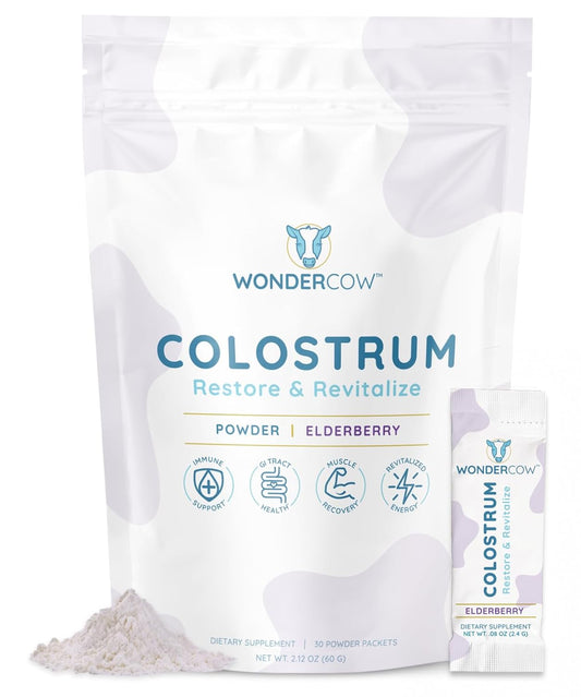 Pure Whole Bovine Colostrum Supplement Powder with Elderberry for Gut Health, Immune Support, Muscle Recovery, & Wellness - 30 Servings