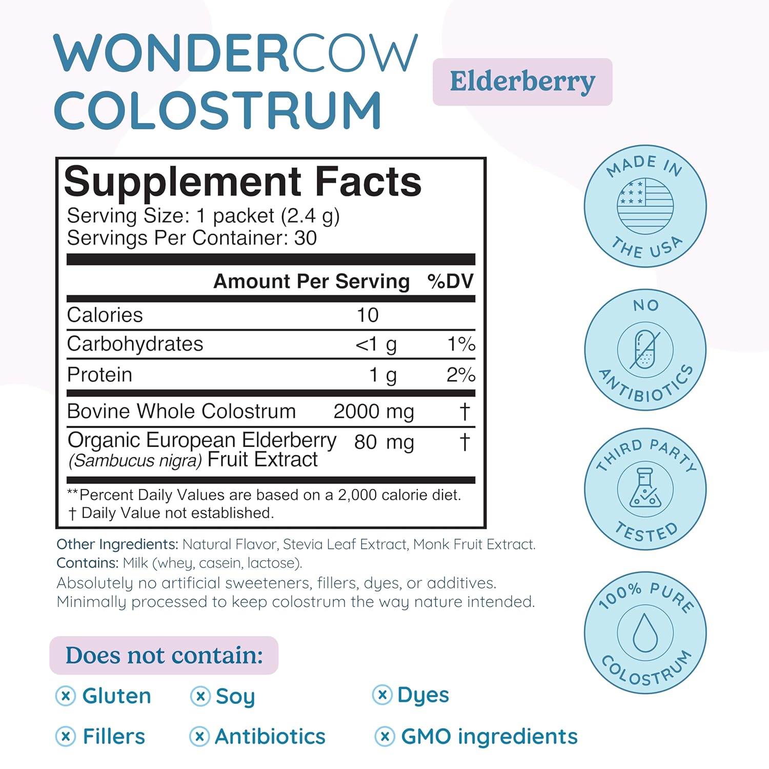 Pure Whole Bovine Colostrum Supplement Powder with Elderberry for Gut Health, Immune Support, Muscle Recovery, & Wellness - 30 Servings