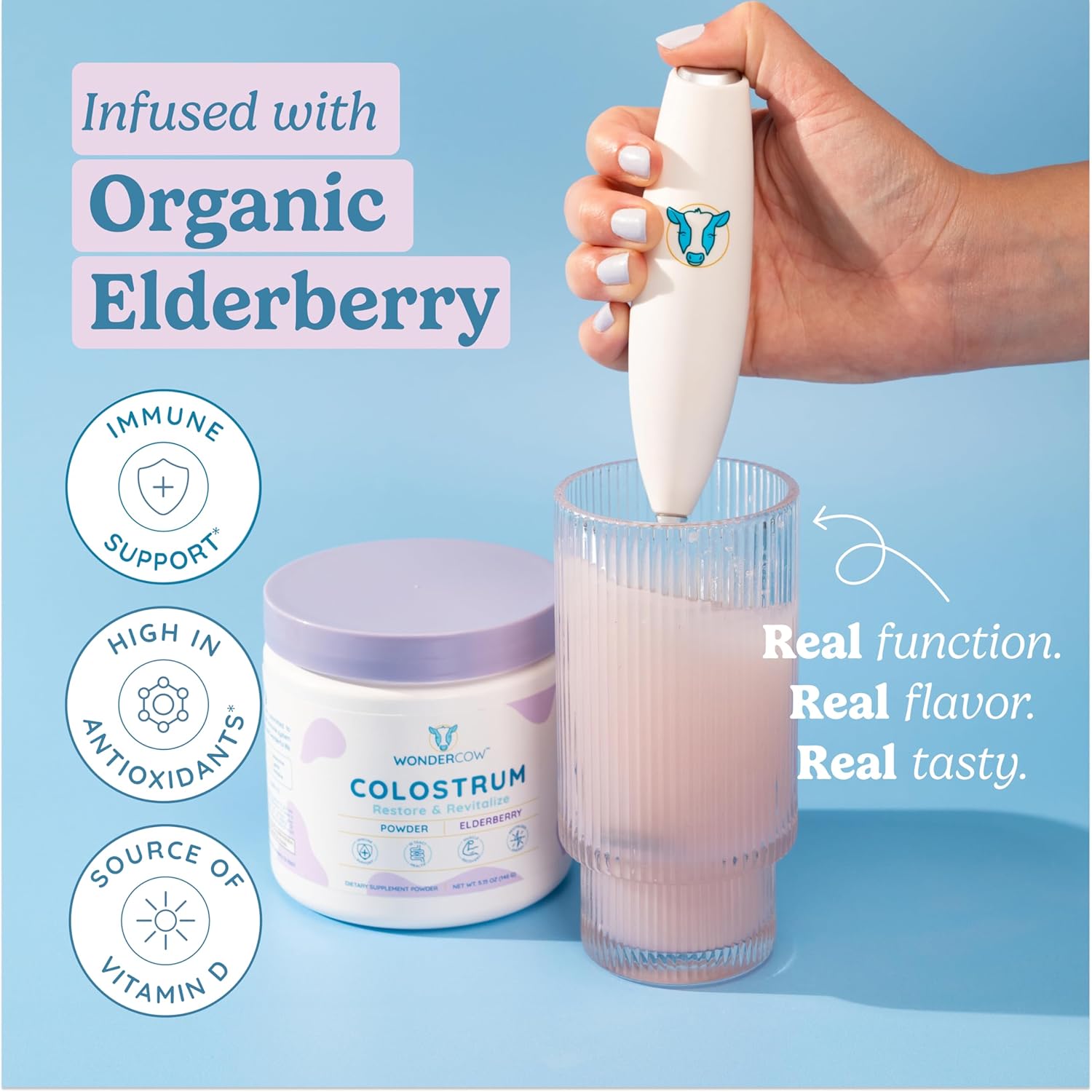 Pure Whole Bovine Colostrum Supplement Powder with Elderberry for Gut Health, Immune Support, Muscle Recovery, & Wellness - 30 Servings