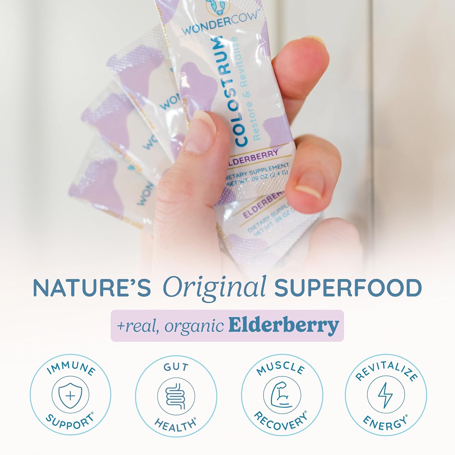 Pure Whole Bovine Colostrum Supplement Powder with Elderberry for Gut Health, Immune Support, Muscle Recovery, & Wellness - 30 Servings