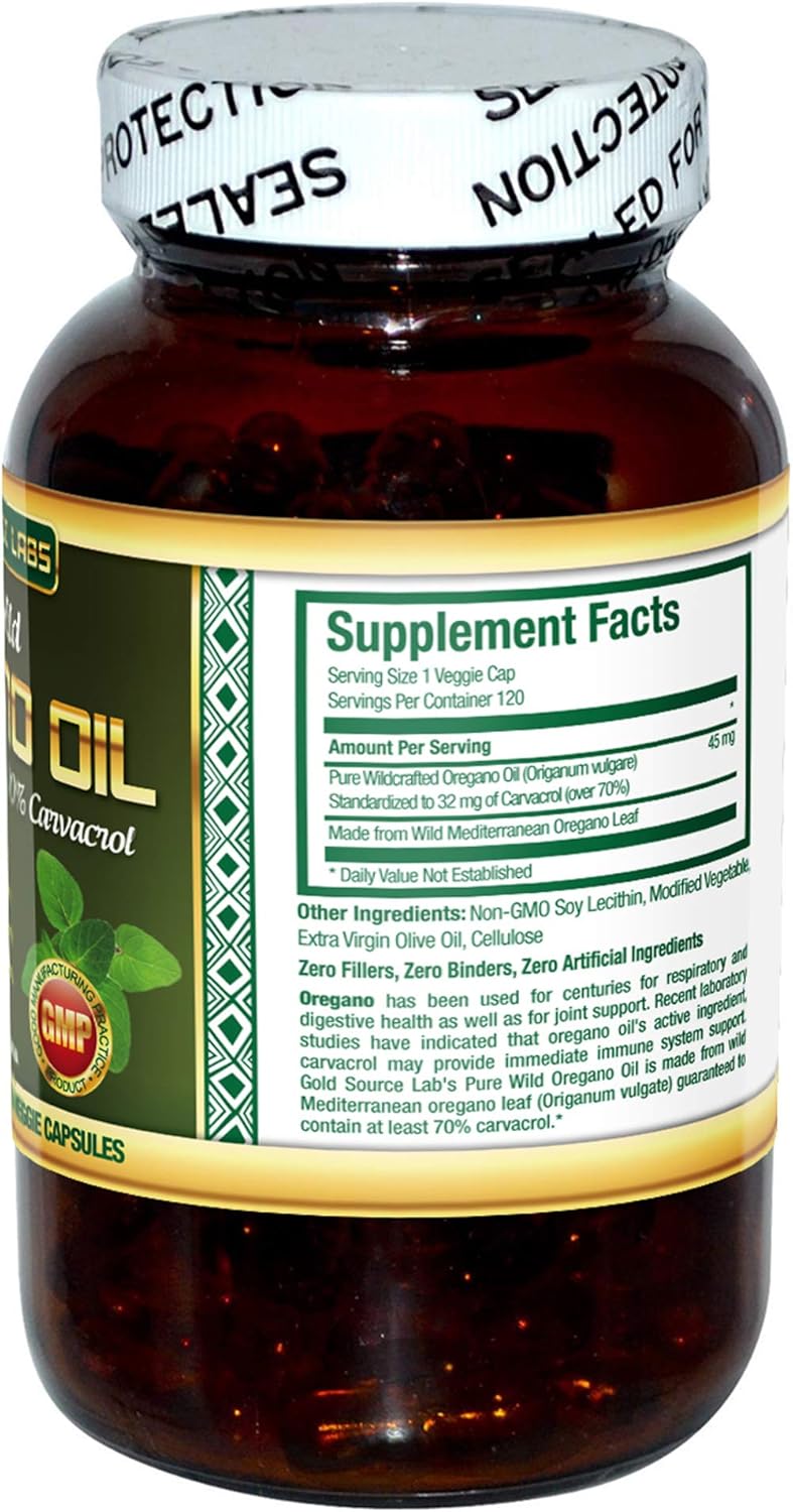Pure Wild Oregano Oil Capsules - 120 Liquid Veggie Softgels - 70% Carvacrol for Immune Health - Non GMO, Vegan, Gluten Free