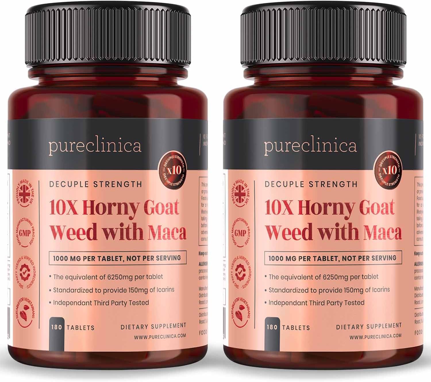 Pureclinica 10X Strength Horny Goat Weed & Maca Extract 6250mg - 1 Year Supply in 2 Bottles of 180 Tablets