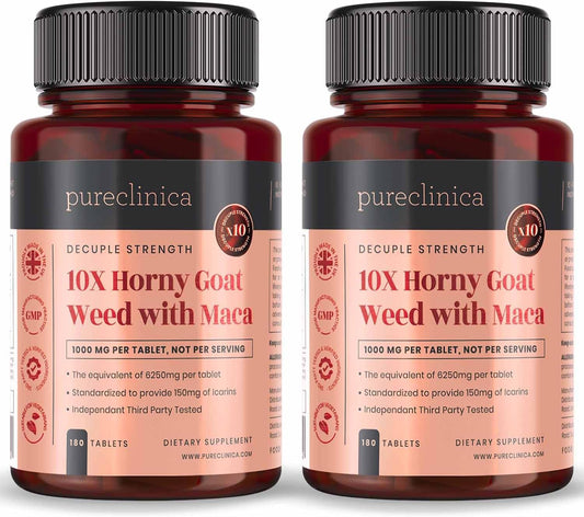 Pureclinica 10X Strength Horny Goat Weed & Maca Extract 6250mg - 1 Year Supply in 2 Bottles of 180 Tablets
