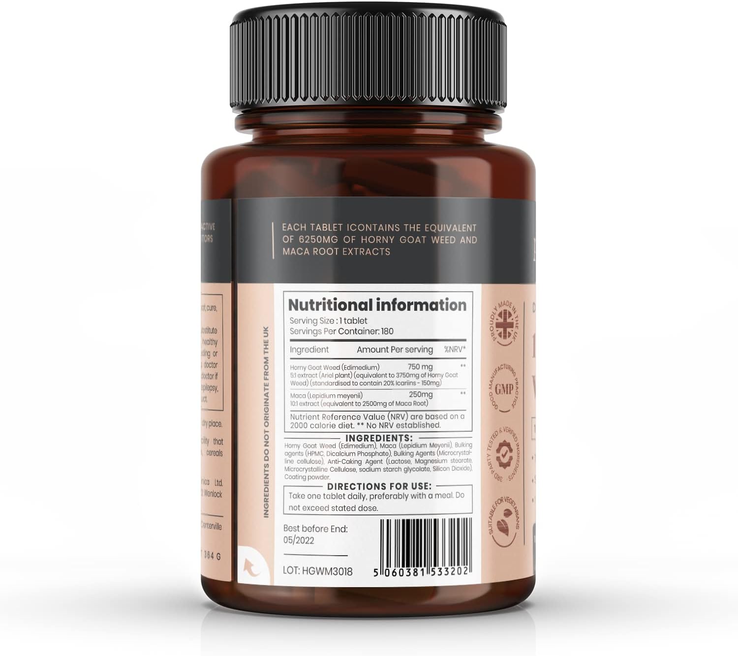 Pureclinica 10X Strength Horny Goat Weed & Maca Extract 6250mg - 1 Year Supply in 2 Bottles of 180 Tablets