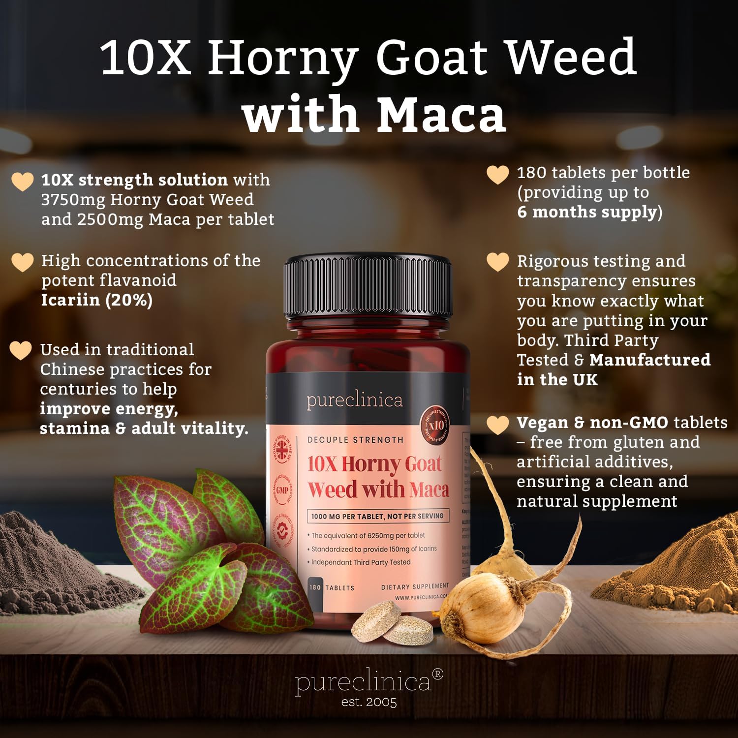 Pureclinica 10X Strength Horny Goat Weed & Maca Extract 6250mg - 1 Year Supply in 2 Bottles of 180 Tablets
