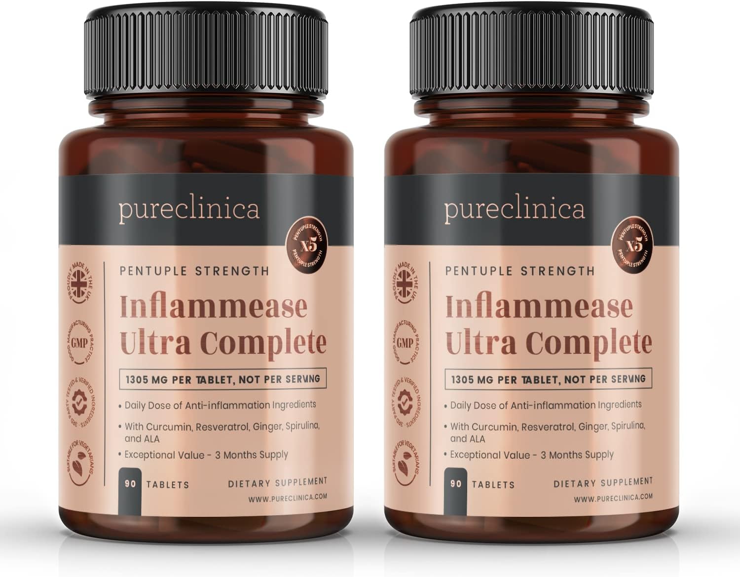 Pureclinica Inflammease Ultra Complete Supplement - 1305mg x 180 Tablets - Resveratrol, Ginger, ALA, Spirulina, Curcumin - 6 Month Supply - 2 Bottles of 90 Tablets