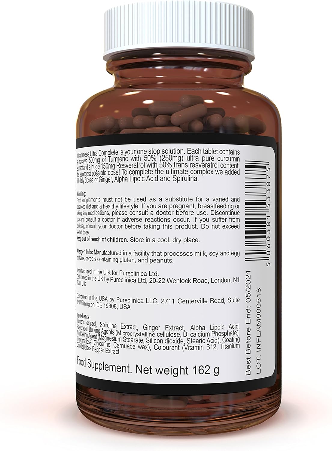 Pureclinica Inflammease Ultra Complete Supplement - 1305mg x 180 Tablets - Resveratrol, Ginger, ALA, Spirulina, Curcumin - 6 Month Supply - 2 Bottles of 90 Tablets