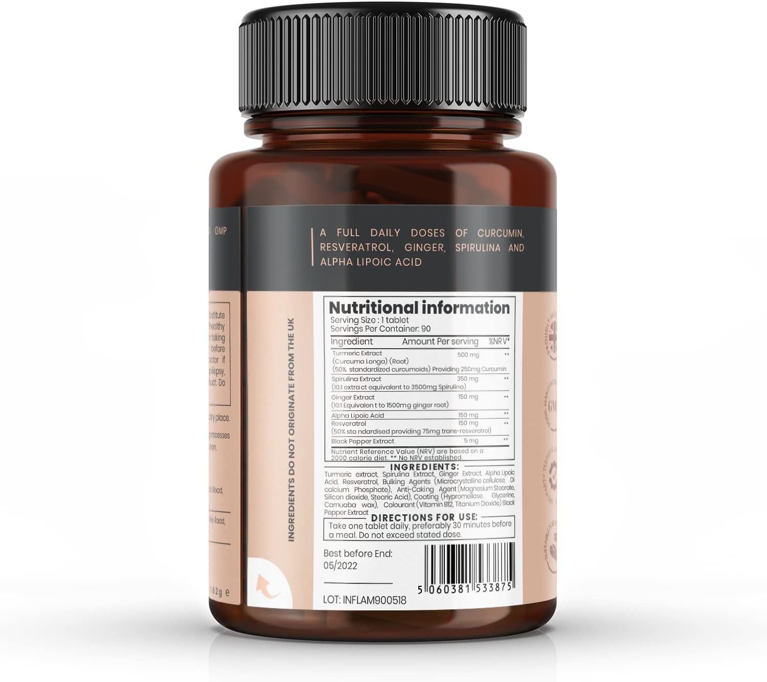 Pureclinica Inflammease Ultra Complete Supplement - 1305mg x 180 Tablets - Resveratrol, Ginger, ALA, Spirulina, Curcumin - 6 Month Supply - 2 Bottles of 90 Tablets