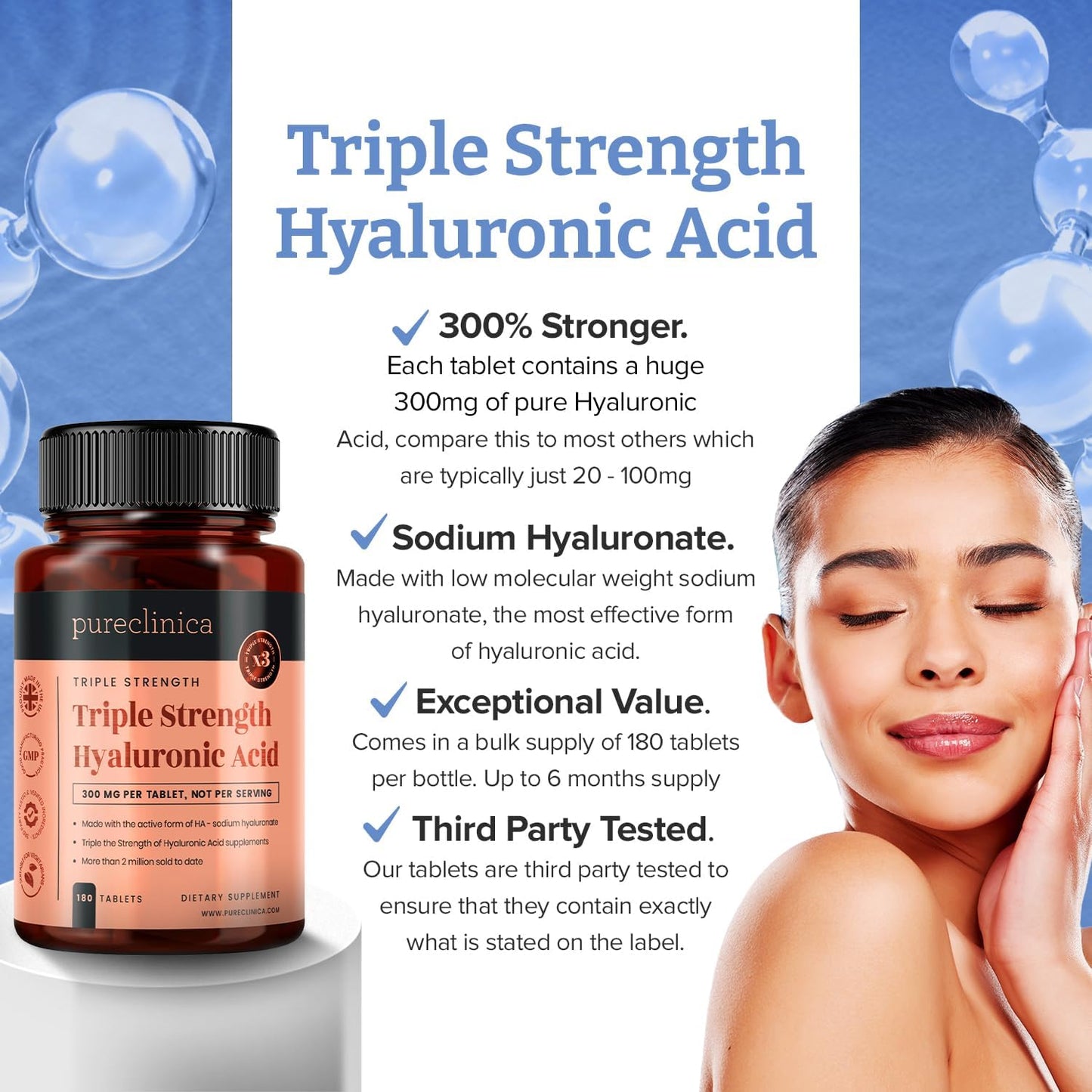 pureclinica Triple Strength Hyaluronic Acid 300mg Tablets x 360 - 12 Months Supply