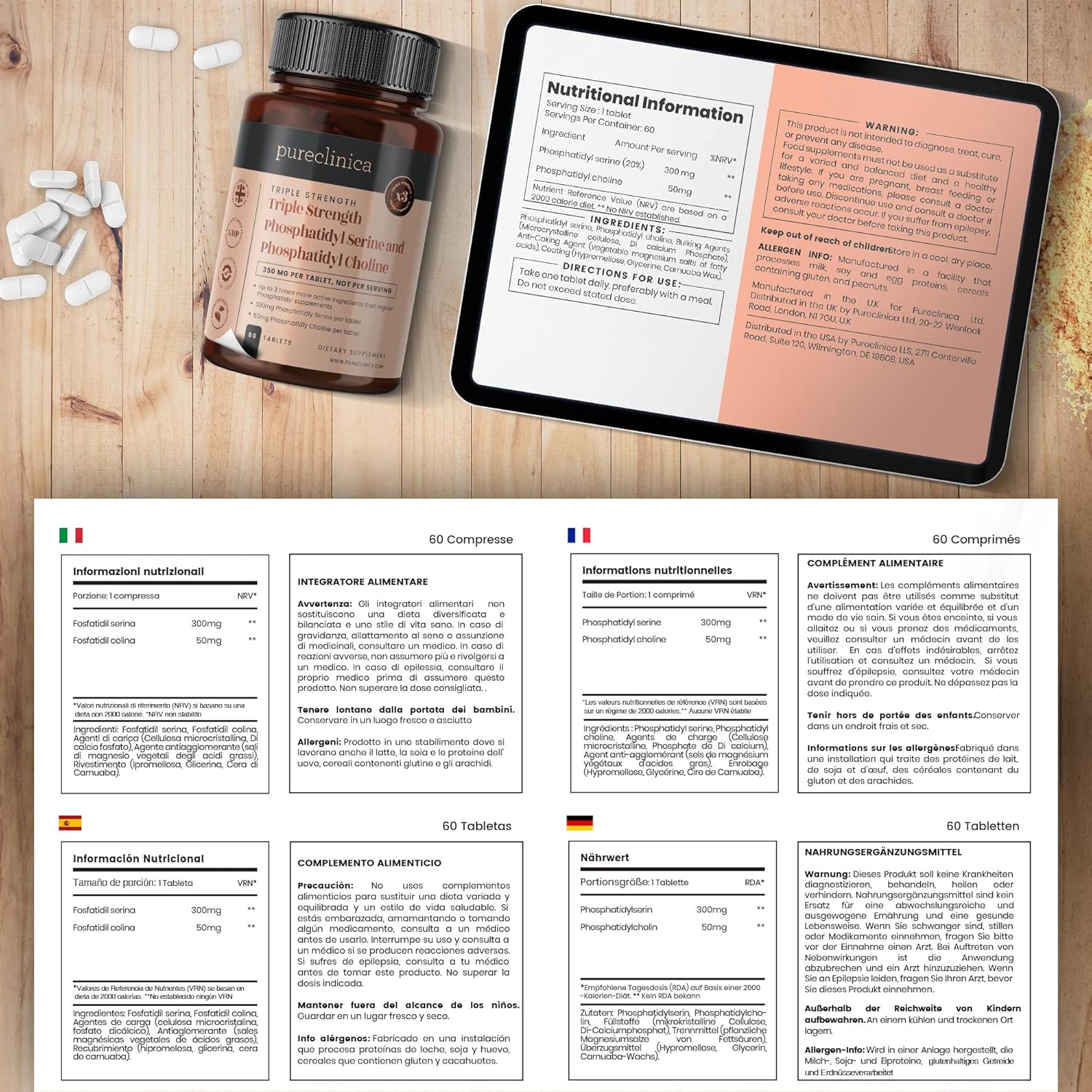 pureclinica Triple Strength Phosphatidyl Serine and Choline Supplement - 60 Tablets