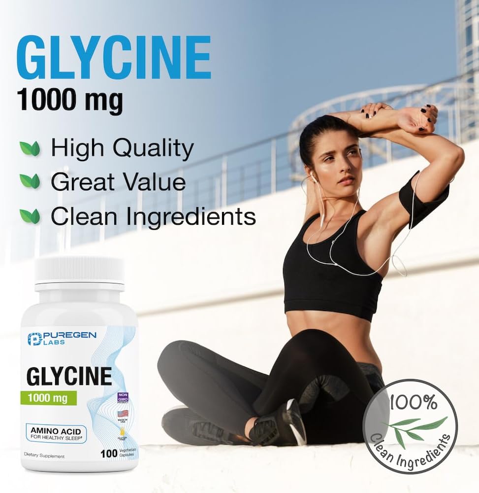 Puregen Labs Glycine 1000mg Capsules - High Potency Sleep Aid Supplement, 100 Vegetarian Capsules, Non-GMO & Gluten-Free