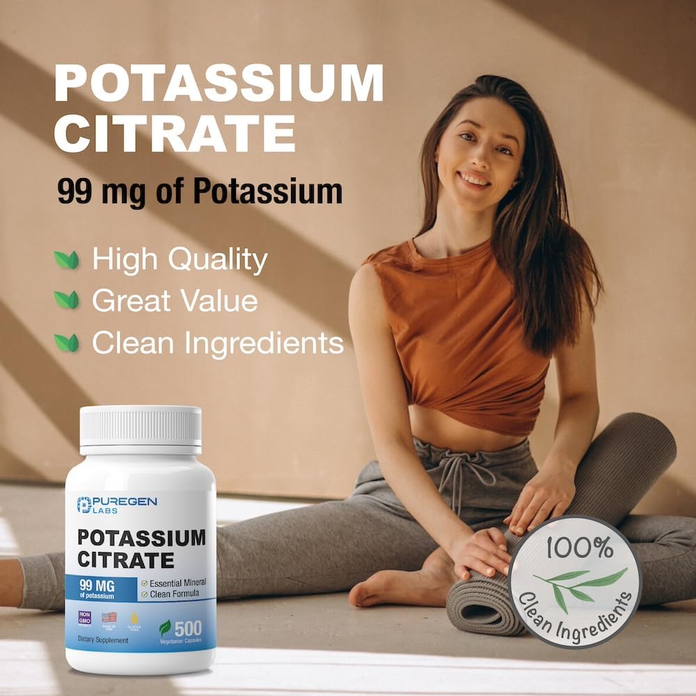 Puregen Labs Potassium Citrate 99mg Supplement - 500 Vegetarian Capsules | Elemental Potassium | Non-GMO & Gluten Free | USA Made