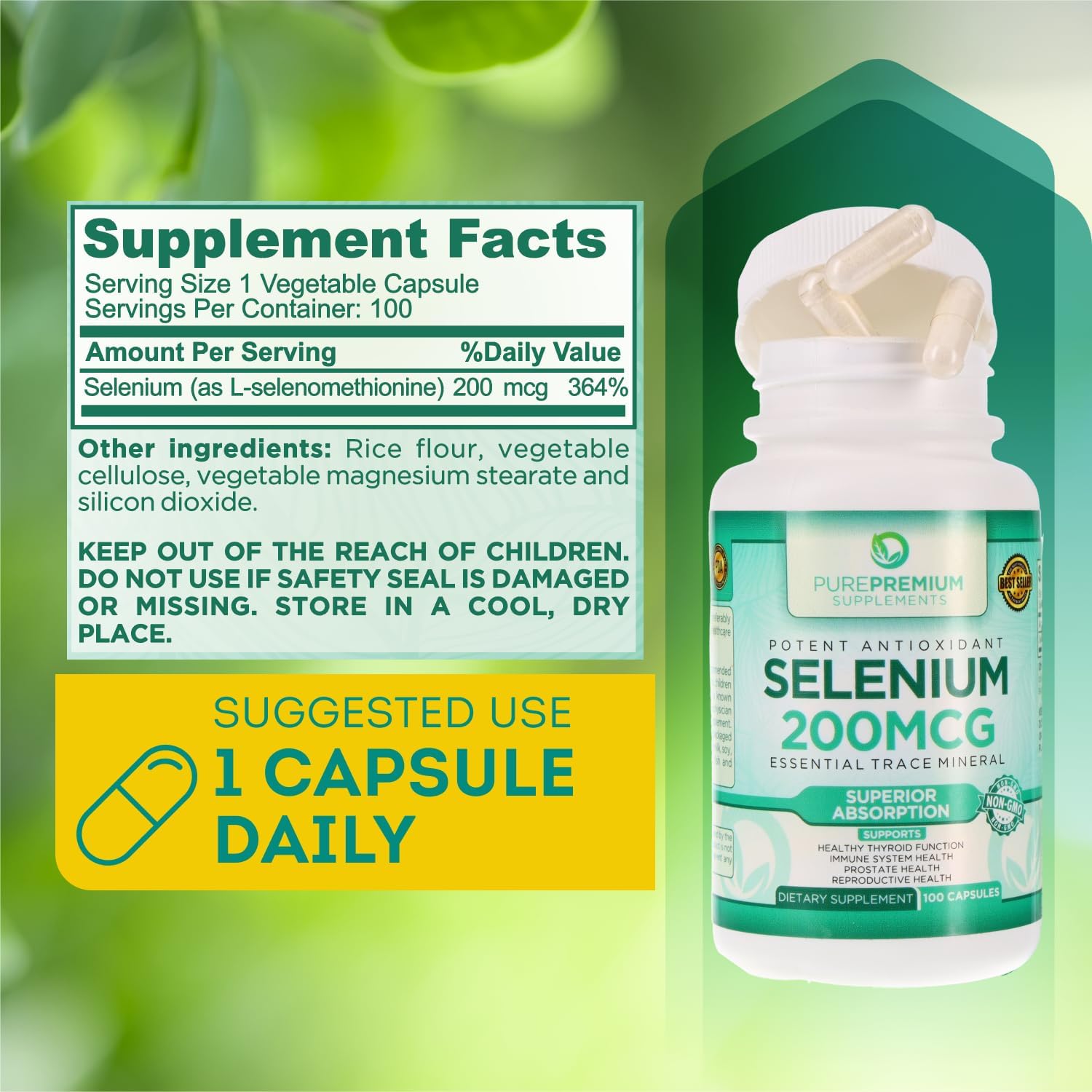 PurePremium Selenium 200mcg Supplement - Essential Mineral for Thyroid, Immune System, and Prostate - 3 Month Supply