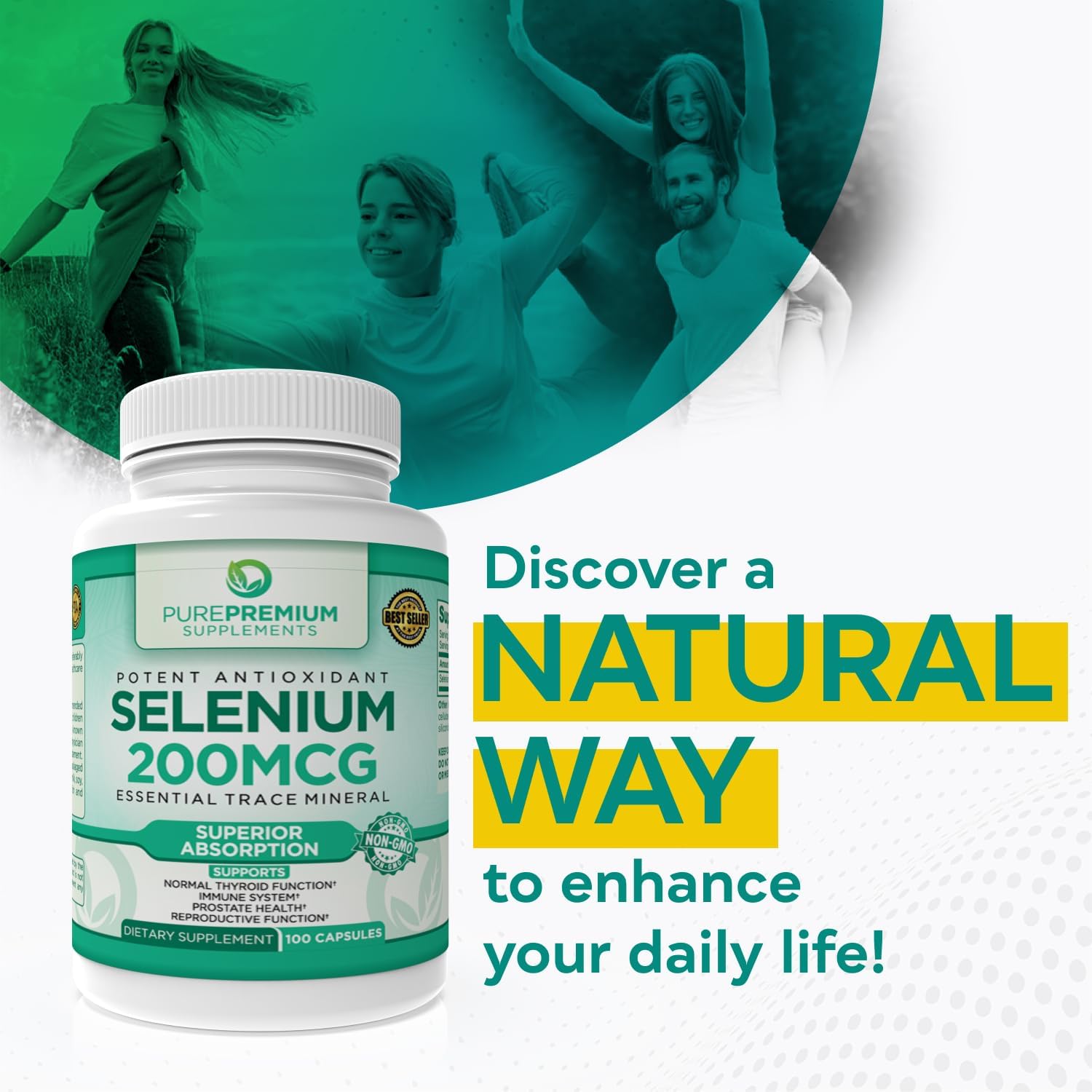 PurePremium Selenium 200mcg Supplement - Essential Mineral for Thyroid, Immune System, and Prostate - 3 Month Supply