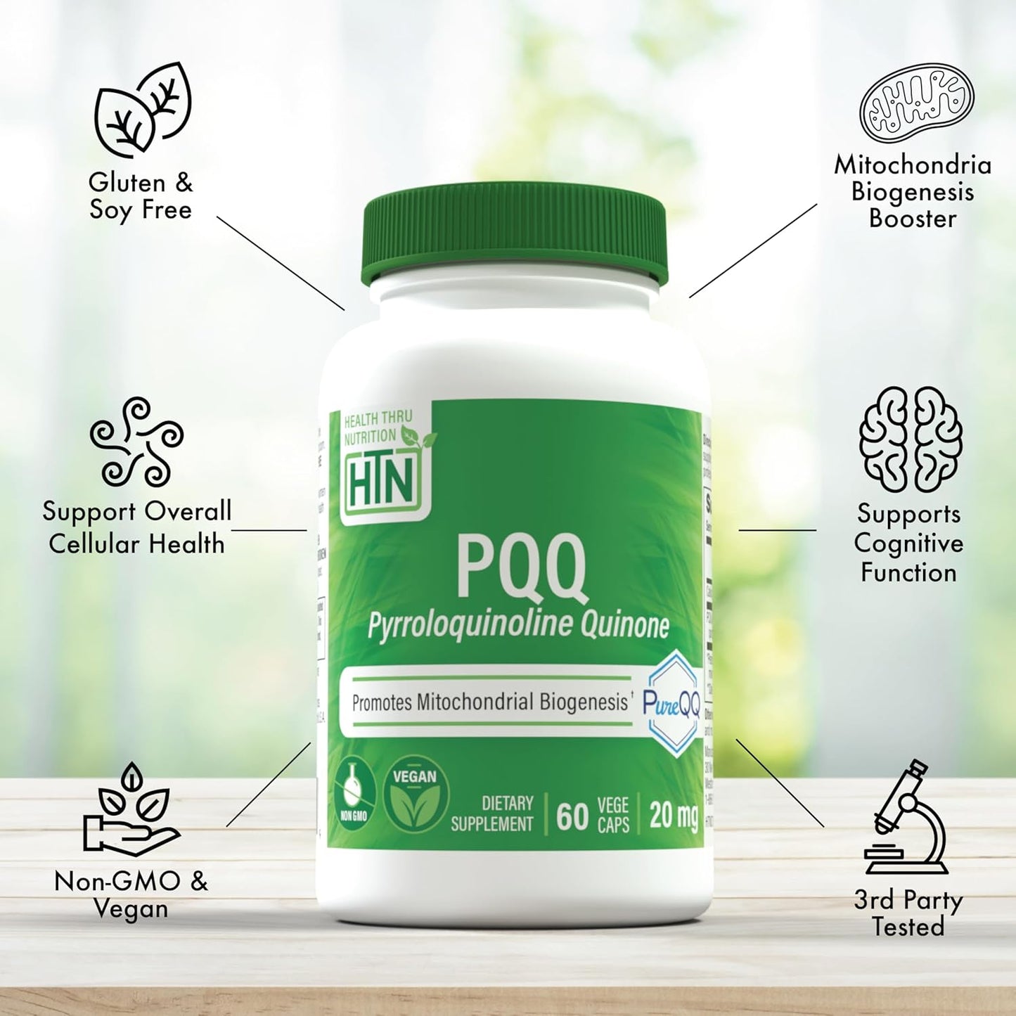PureQQ PQQ 20mg Capsules - 60 Servings for Mitochondrial Support | Certified Vegan Non-GMO Gluten Soy Free | Clean Label PQQ Supplement by Health Thru Nutrition