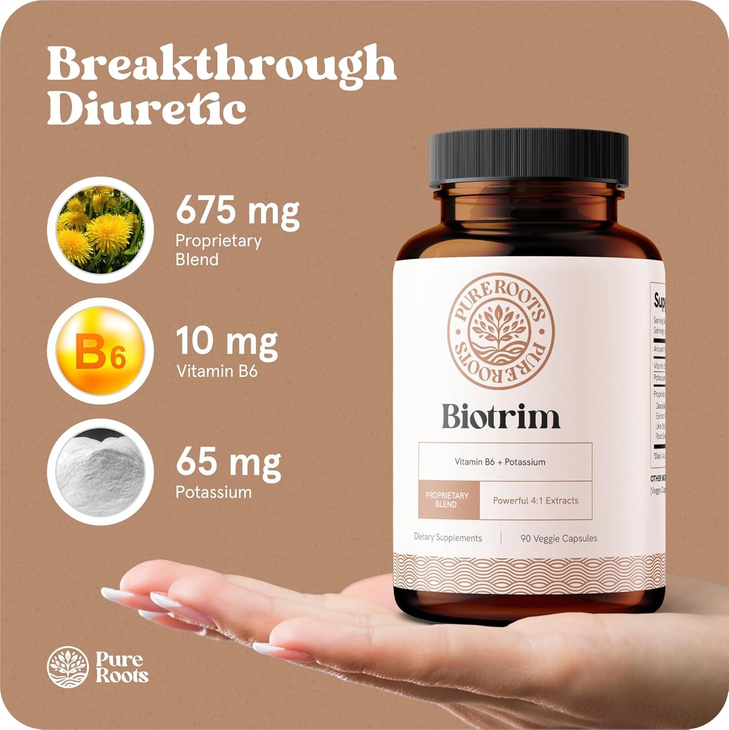 PureRoots Natural Diuretic Water Pills for Swollen Legs & Feet - Caffeine-Free Formula with Biotrim & Dandelion Root - Reduce Water Retention in Legs & Feet