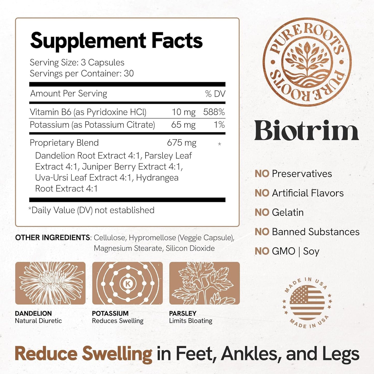 PureRoots Natural Diuretic Water Pills for Swollen Legs & Feet - Caffeine-Free Formula with Biotrim & Dandelion Root - Reduce Water Retention in Legs & Feet