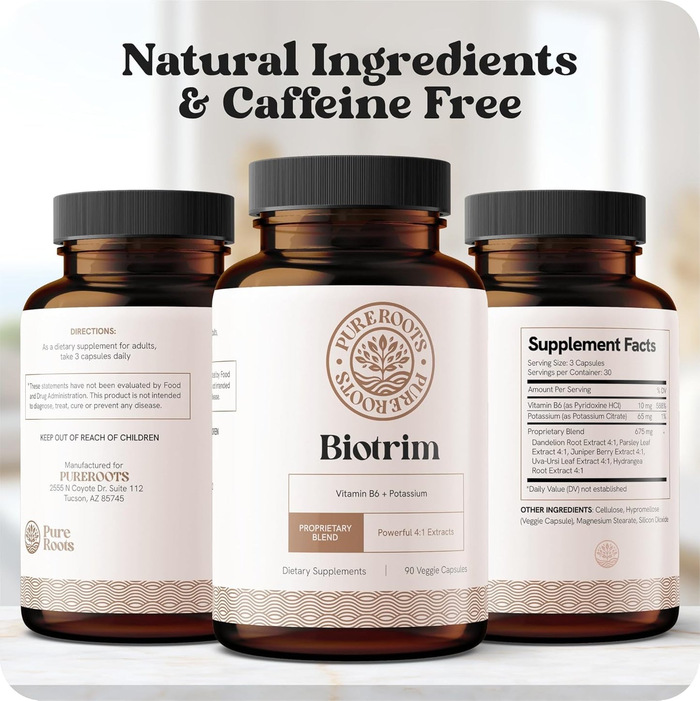 PureRoots Natural Diuretic Water Pills for Swollen Legs & Feet - Caffeine-Free Formula with Biotrim & Dandelion Root - Reduce Water Retention in Legs & Feet